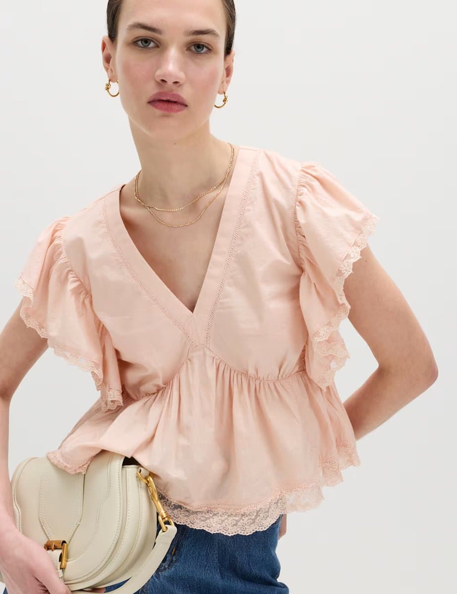 Marks & Spencer M&S Pure Cotton Ruffle Blouse in Peach