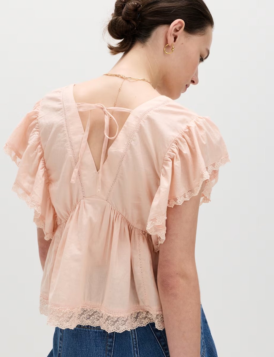 Marks & Spencer M&S Pure Cotton Ruffle Embroidered Detail Blouse Peach - 3