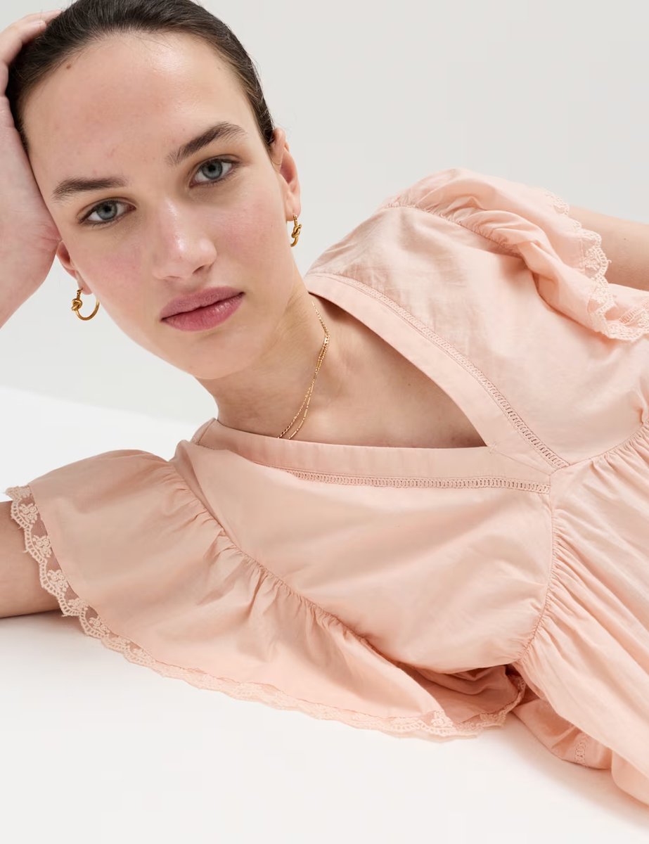 Marks & Spencer M&S Pure Cotton Ruffle Embroidered Detail Blouse Peach - 4