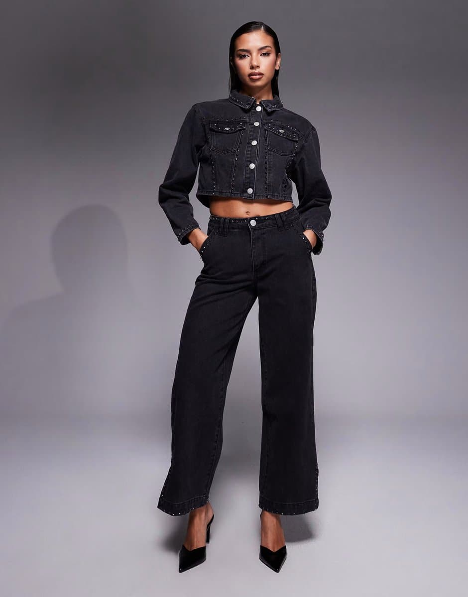 ASOS Liquor N Poker boxy denim jacket & jean with diamante seam detail co-ord in washed black