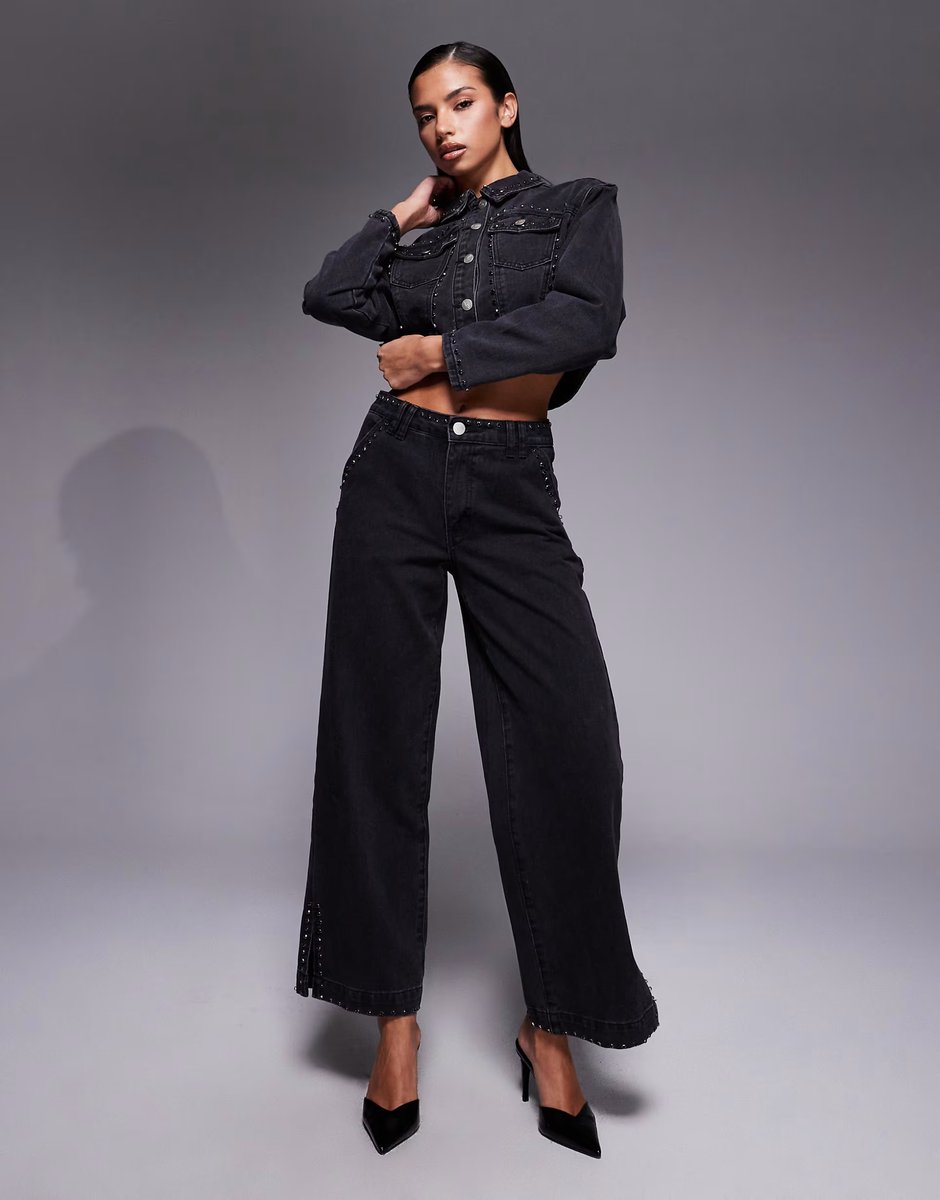 ASOS Liquor N Poker boxy denim jacket & jean with diamante seam detail co-ord in washed black - 3