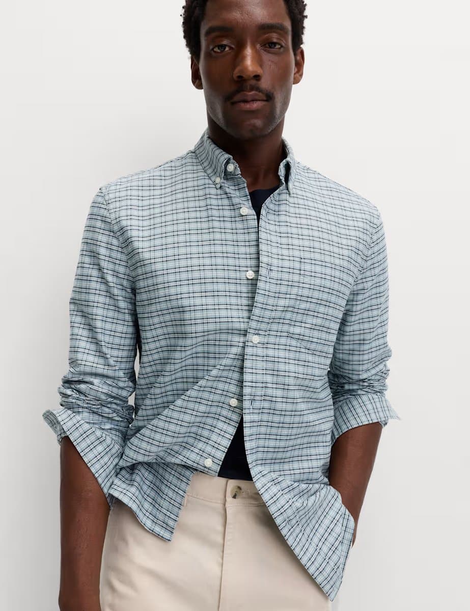 Marks & Spencer M&S Classic Check Oxford Shirt in Green Mix