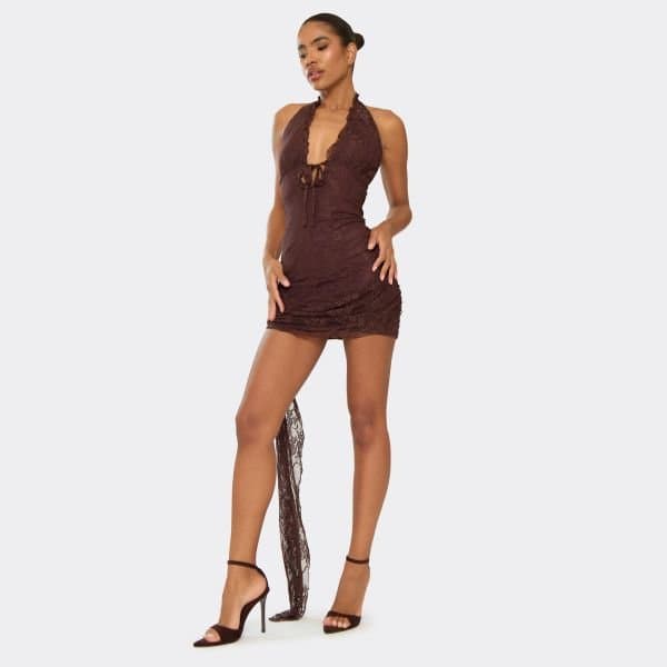 EGO Halterneck Drape Tie Front Detail Mini Dress In Chocolate Brown Lace, Women's Size UK 6