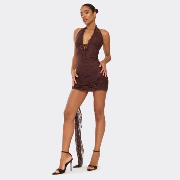 EGO Halterneck Drape Tie Front Detail Mini Dress In Chocolate Brown Lace, Women's Size UK 6 - 1