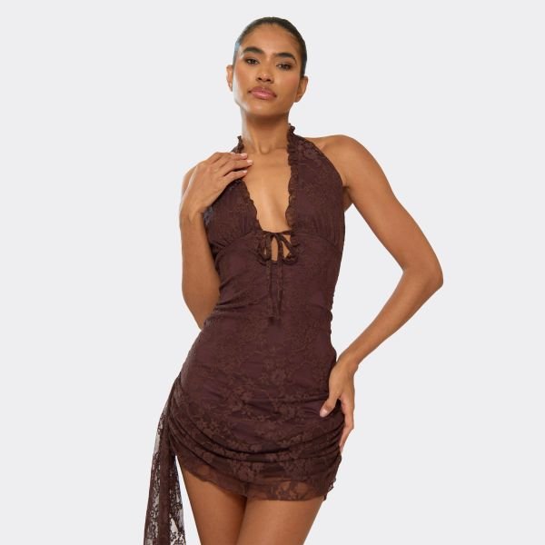 EGO Halterneck Drape Tie Front Detail Mini Dress In Chocolate Brown Lace, Women's Size UK 6 - 2