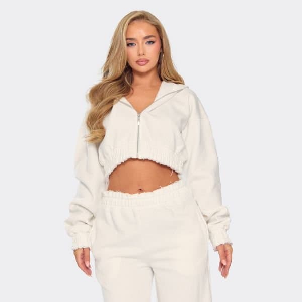 EGO EGO Long Sleeve Distressed Hem Cropped Zip Up Hoodie in Cream