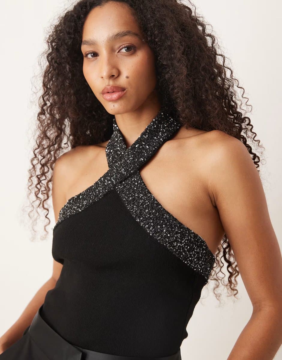ASOS Mango halterneck top with embellished trim in black