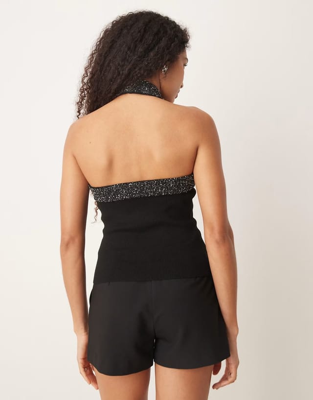 ASOS Mango halterneck top with embellished trim in black - 3