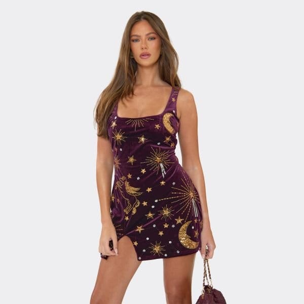 EGO Square Neck Embellished Split Leg Detail Mini Dress In Purple Velvet, Women's Size UK Medium M - 1