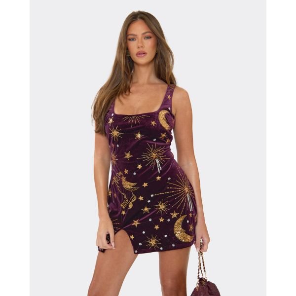 EGO Square Neck Embellished Split Leg Detail Mini Dress In Purple Velvet, Women's Size UK Medium M - 2