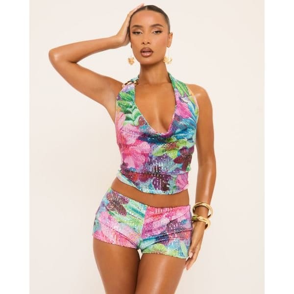 EGO Cowl Halterneck Trim Detail Top In Multi Floral Print Sequin, Women's Size UK 4 - 2