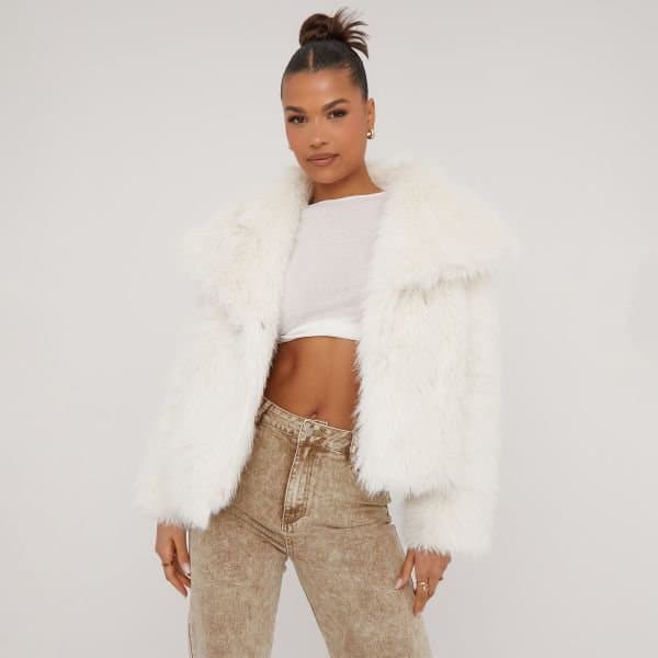 EGO Oversized Collar Detail Cropped Jacket In Ivory Faux Fur, Women's Size UK 10