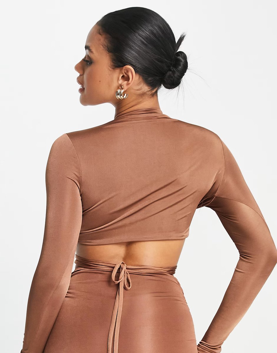 ASOS Missguided co-ord ruched cut out slinky crop top in brown - 3