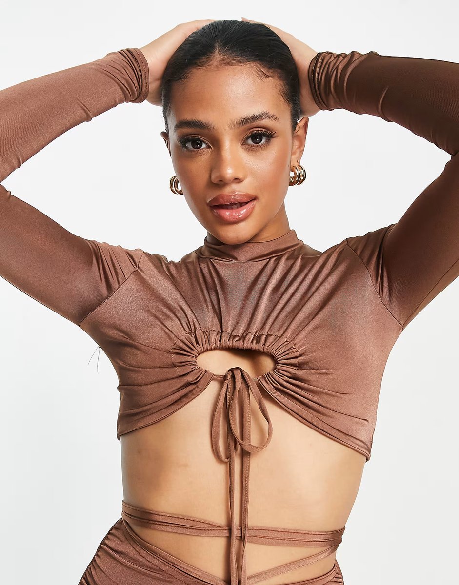 ASOS Missguided co-ord ruched cut out slinky crop top in brown - 4