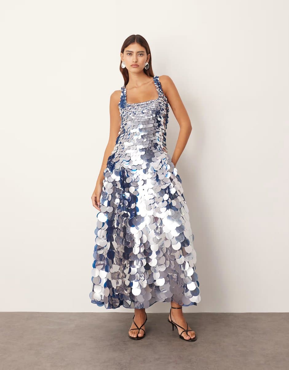 ASOS ARRANGE embellished disc sequin square neck full skirt midi dress in blue