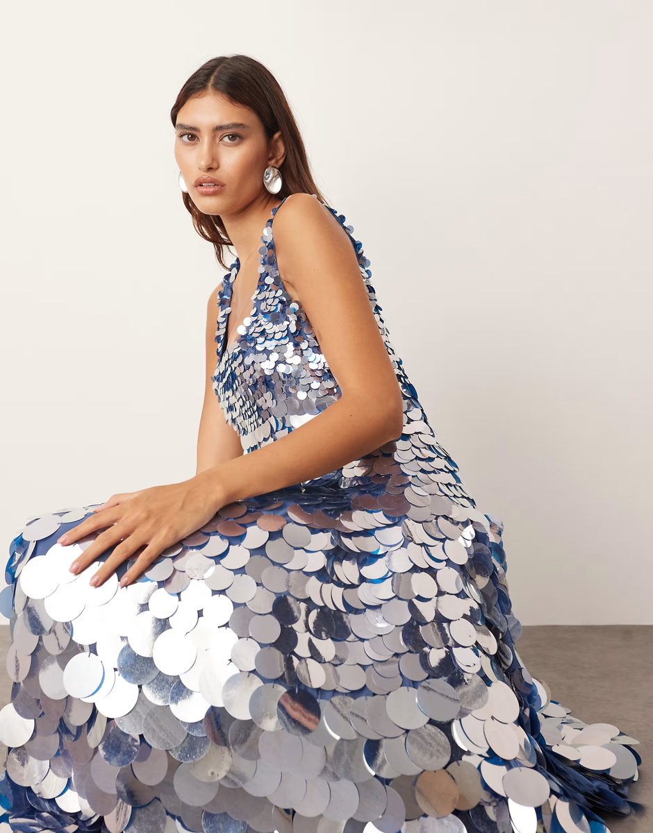 ASOS ARRANGE embellished disc sequin square neck full skirt midi dress in blue - 3