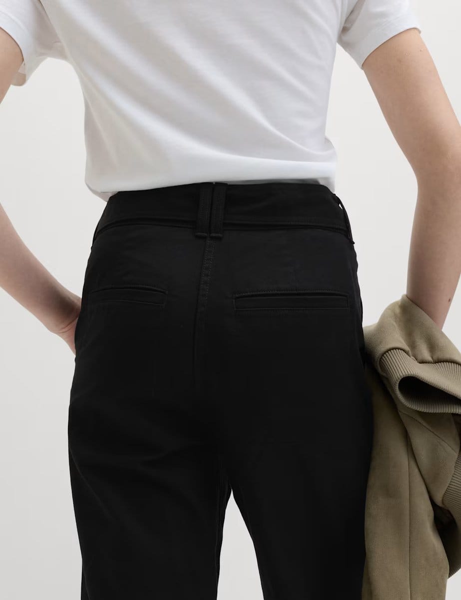 Marks & Spencer M&S Pure Cotton Belted Straight Leg Trousers Black - 4