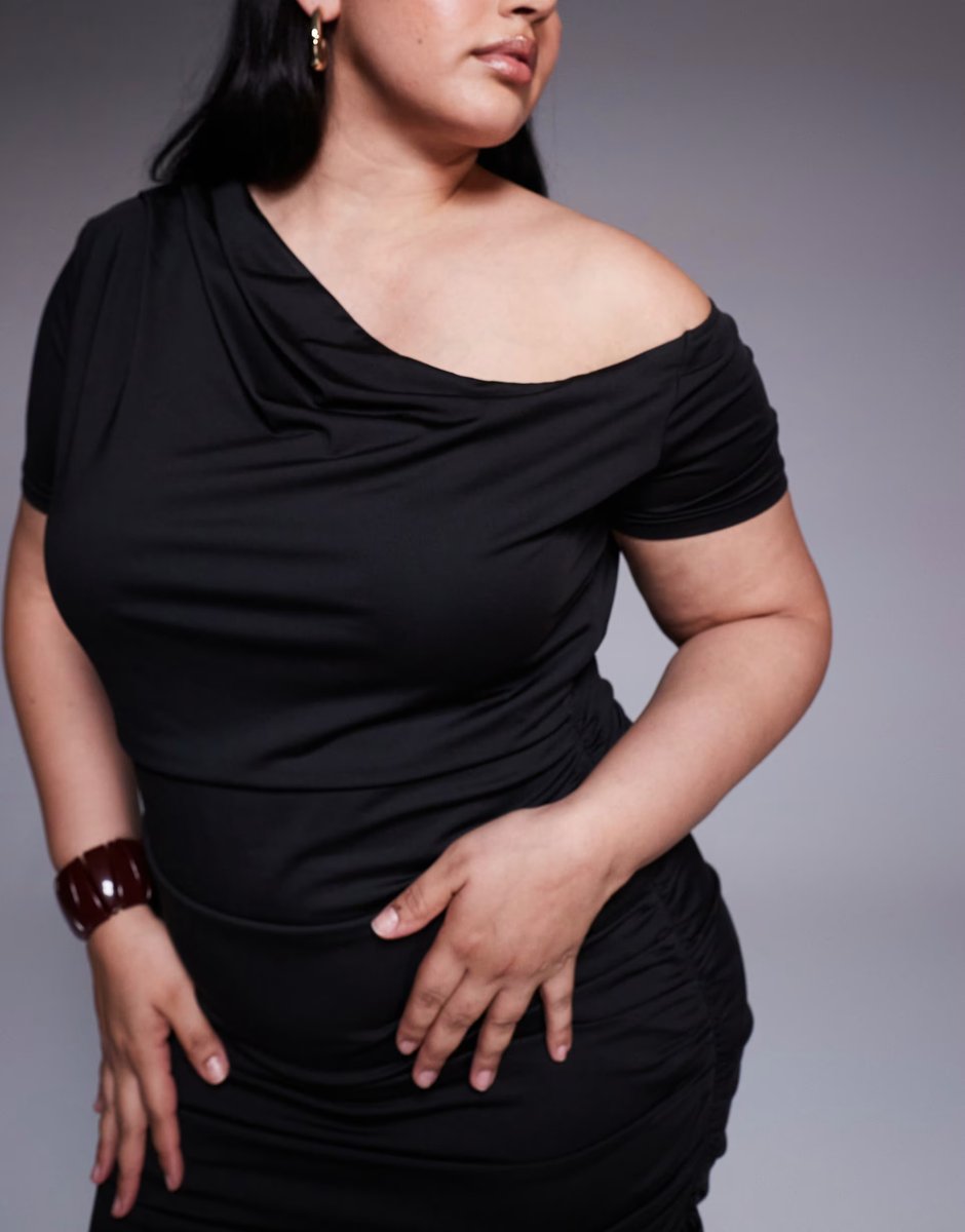 ASOS Renee Studio double sculpted slinky asymmetric shoulder ruched drape detail maxi dress in black - 3