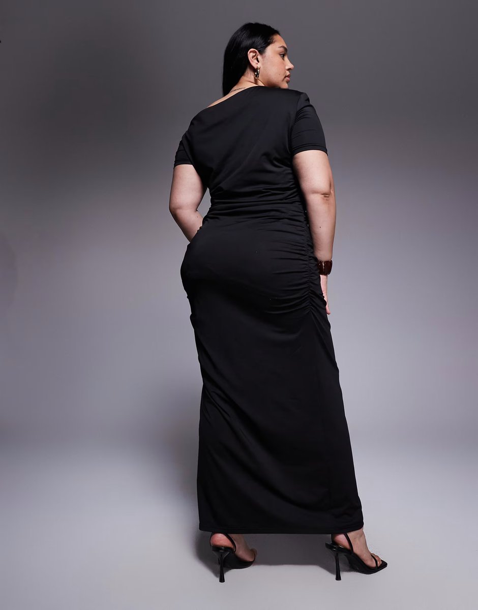 ASOS Renee Studio double sculpted slinky asymmetric shoulder ruched drape detail maxi dress in black - 4