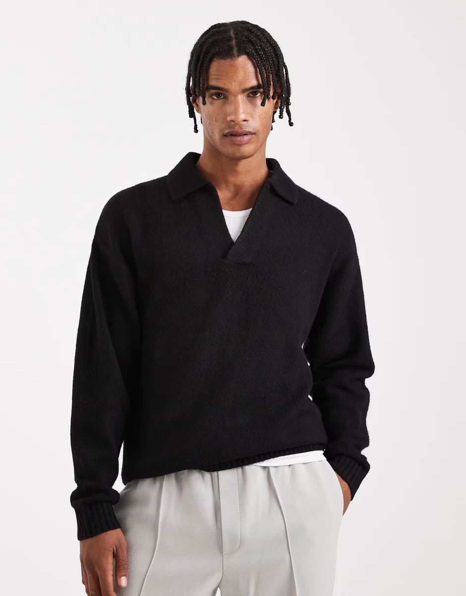 ASOS Jack & Jones boucle polo jumper in black
