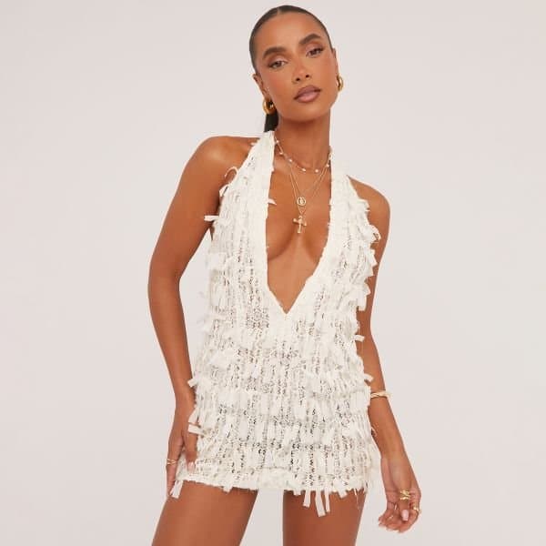 EGO Extreme Plunge Mini Bodycon Dress In Cream Texture, Women's Size UK 8