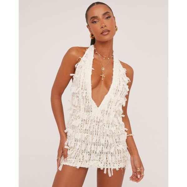 EGO Extreme Plunge Mini Bodycon Dress In Cream Texture, Women's Size UK 8 - 2