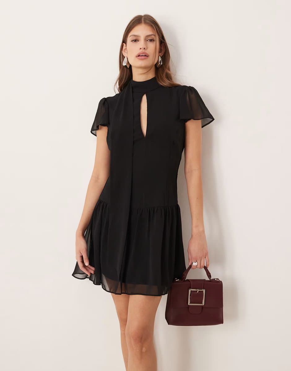 ASOS ASOS DESIGN scarf detail mini dress with frill hem in black