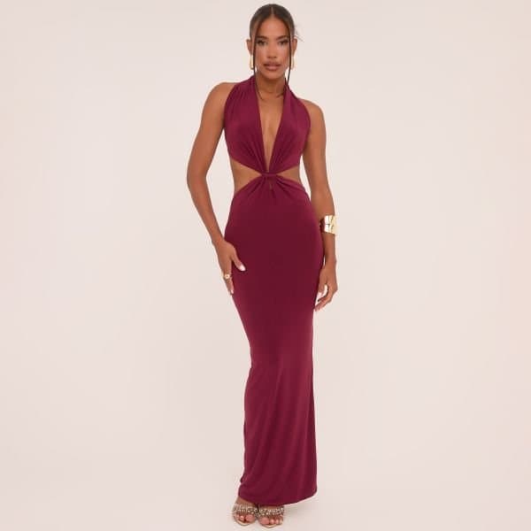 EGO Plunge Halterneck Knot Front Maxi Dress In Wine Slinky, Women's Size UK 10