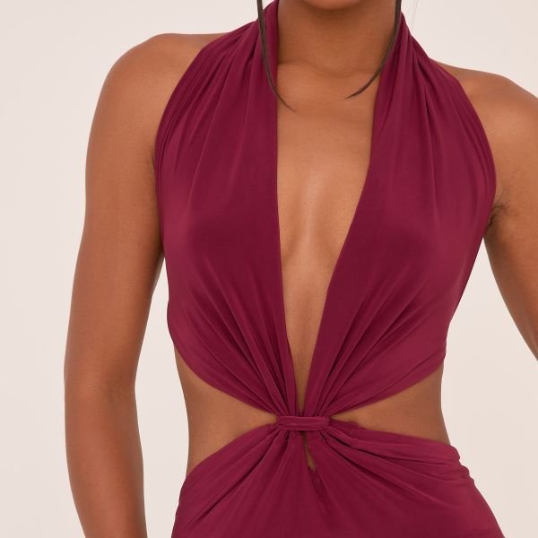 EGO Plunge Halterneck Knot Front Maxi Dress In Wine Slinky, Women's Size UK 10 - 2