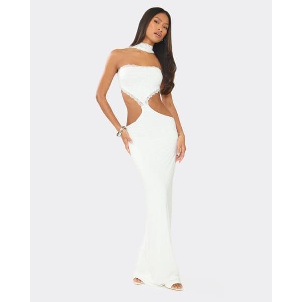 EGO Bandeau Lace Trim Choker Detail Cut Out Maxi Dress In White, Women's Size UK 6 - 2
