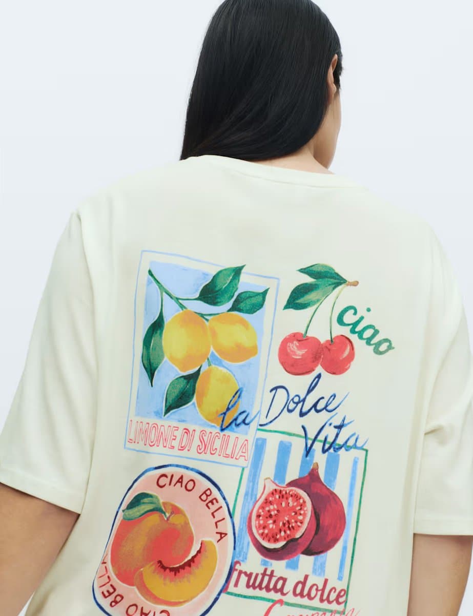 Marks & Spencer M&S Cotton Modal Fruit Graphic Oversized T-Shirt Ivory