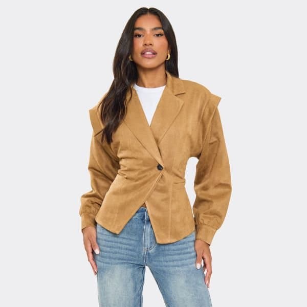 EGO EGO Long Sleeve Cinched Waist Tie Back Blazer in Stone Faux Suede