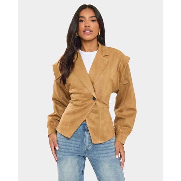 EGO Long Sleeve Cinched Waist Detail Tie Back Blazer In Stone Faux Suede, Women's Size UK Large L - 2