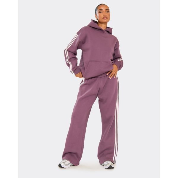 EGO Oversized Mid Rise Contrast Stripe Straight Leg Joggers In Plum, Women's Size UK 6 - 2