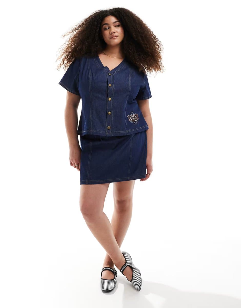 ASOS Renee Studio exclusive denim button front short sleeve top and mini skirt co-ord in darkwash blue