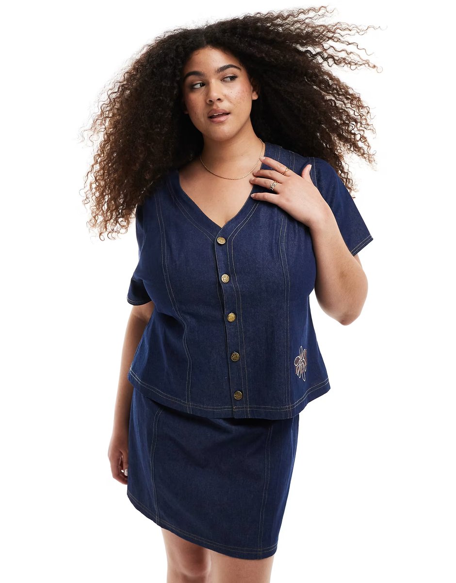 ASOS Renee Studio exclusive denim button front short sleeve top and mini skirt co-ord in darkwash blue - 3