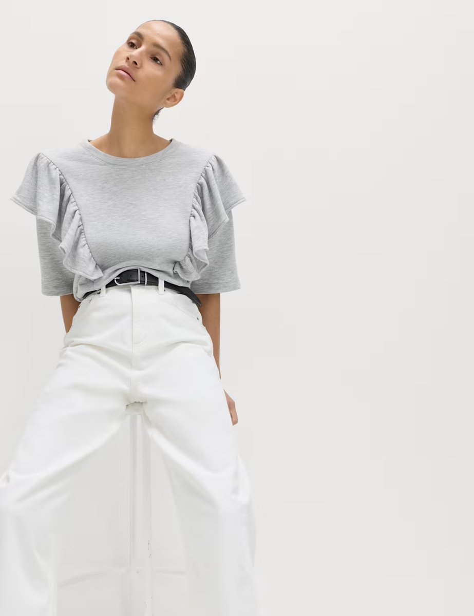 Marks & Spencer M&S Cotton Blend Short Sleeve Frill Sweatshirt Grey Marl - 2