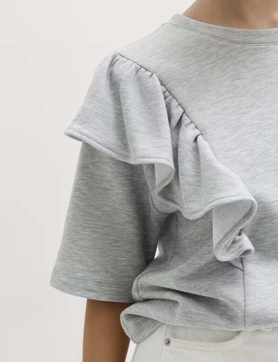 Marks & Spencer M&S Cotton Blend Short Sleeve Frill Sweatshirt Grey Marl - 3