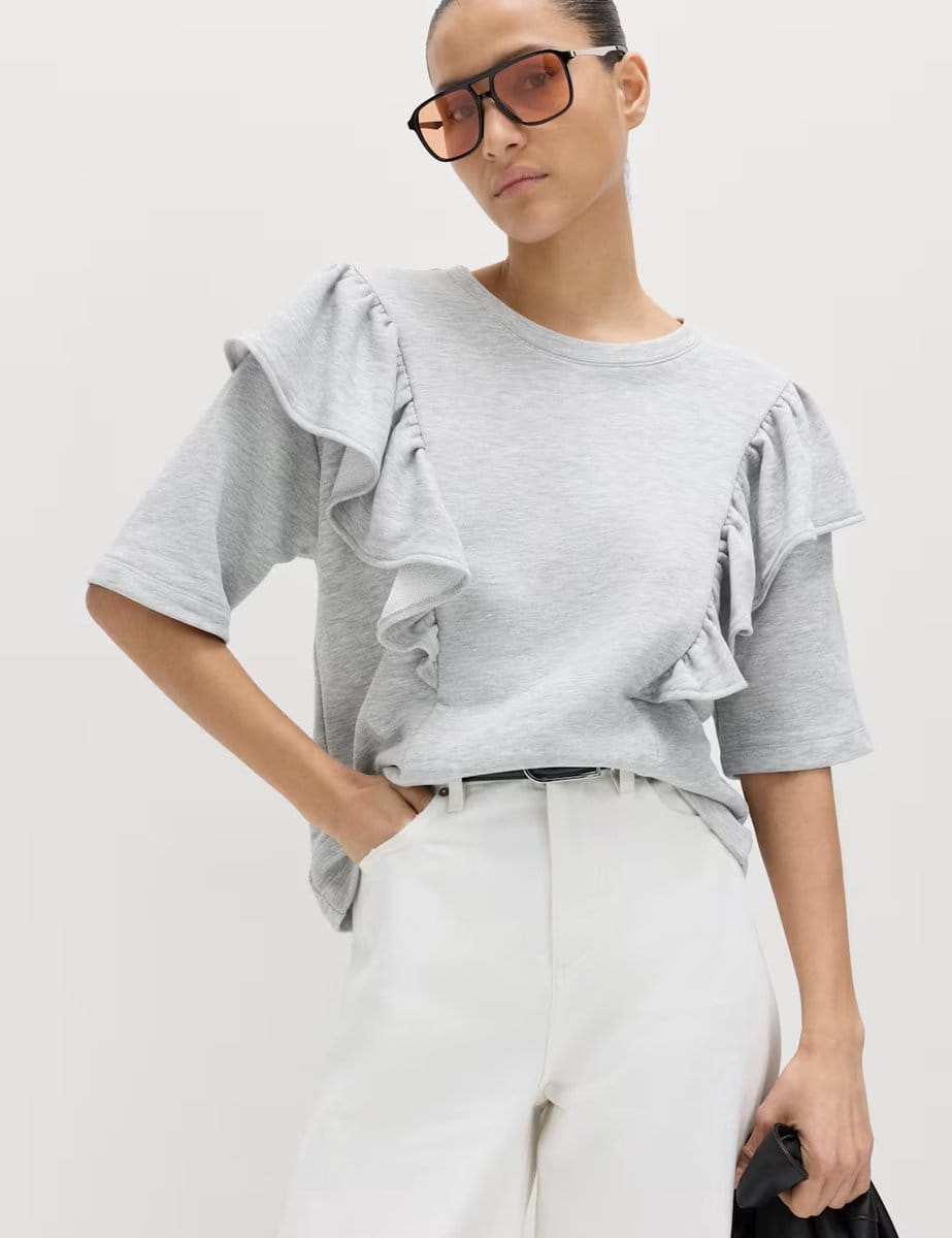 Marks & Spencer M&S Cotton Blend Short Sleeve Frill Sweatshirt Grey Marl - 4