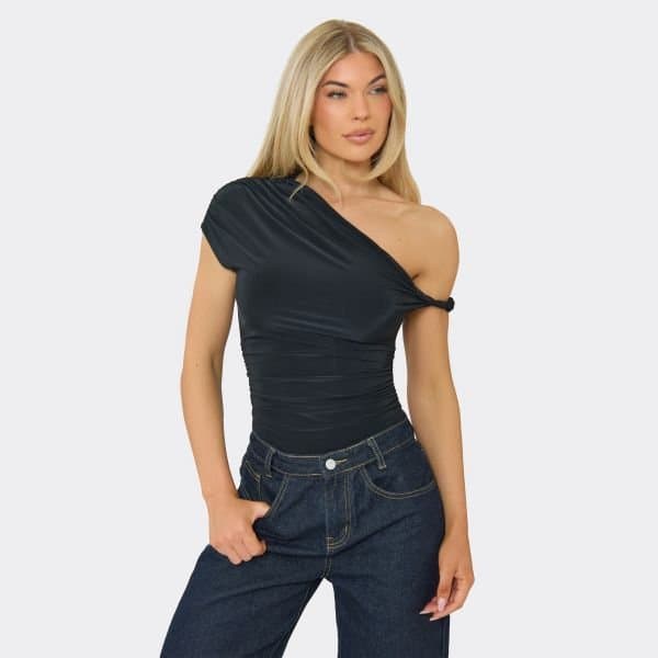 EGO Asymmetric Twist Detail Bodysuit In Black, Women's Size UK 6