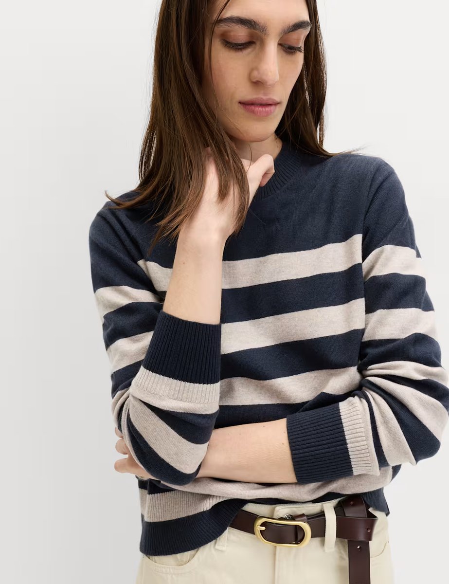 Marks & Spencer M&S Air-Yarn Striped Crew Jumper Midnight Navy - 2