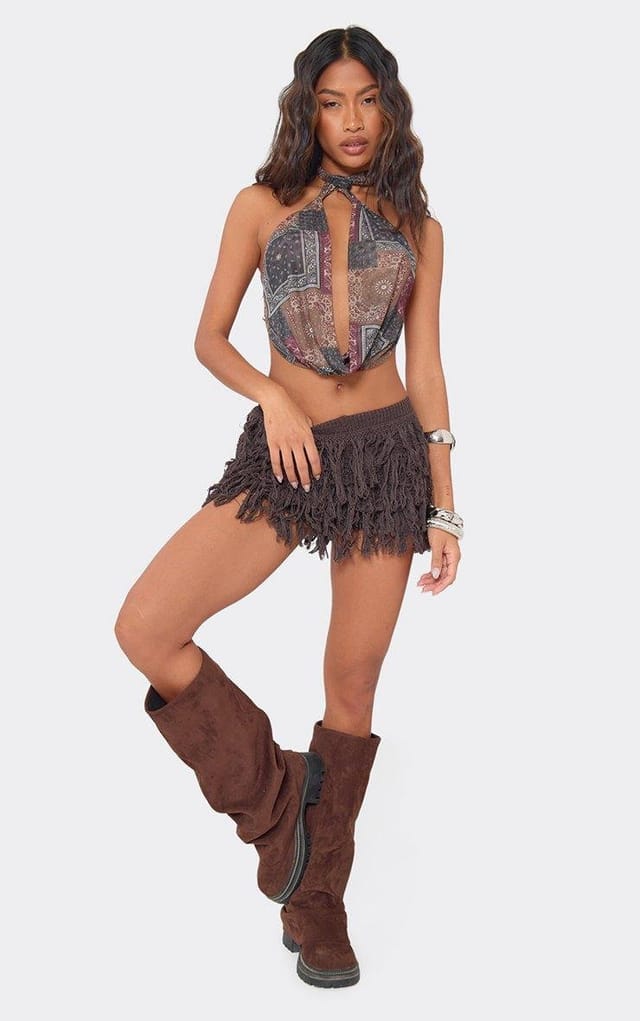 EGO Halterneck Cowl Front Chain Strap Top In Brown Paisley Print Mesh, Women's Size UK 6 - 2