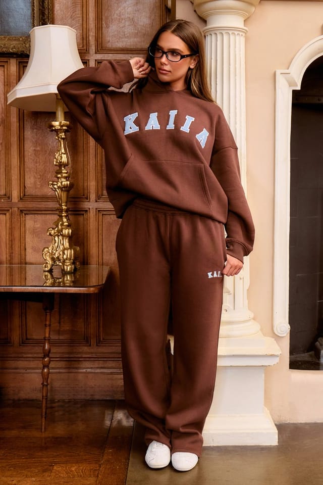 Kaiia Kaiia Logo Wide Leg Joggers Brown & Light Blue - 3