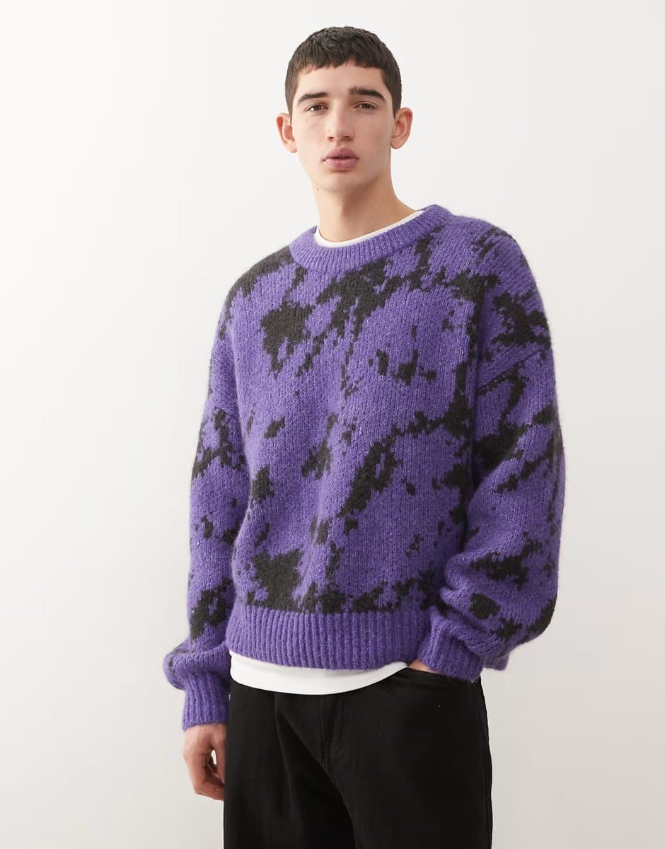 ASOS Weekday wool blend oversized jumper with graphic jacquard in purple and black