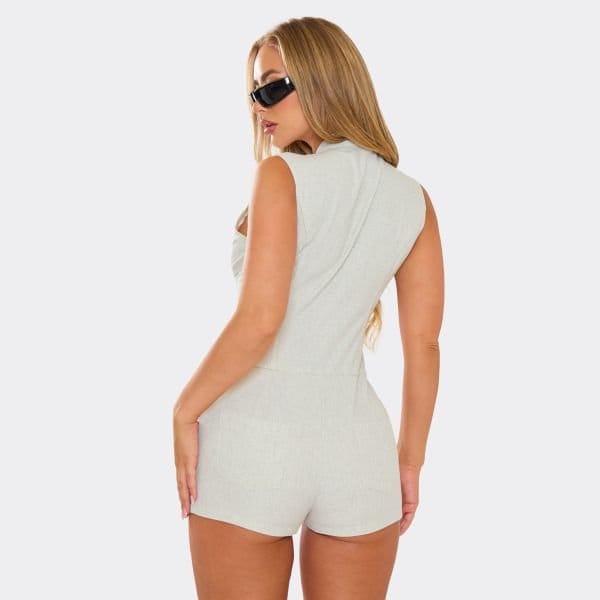 EGO Hight Neck Zip Front Keyhole Detail Playsuit In Grey, Women's Size UK 6 - 2
