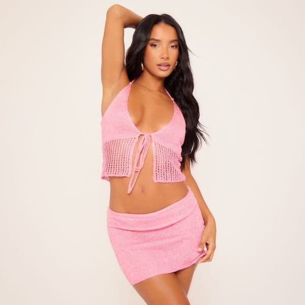 EGO Halterneck Tie Front Detail Top In Pink Glitter Knit, Women's Size UK Large L