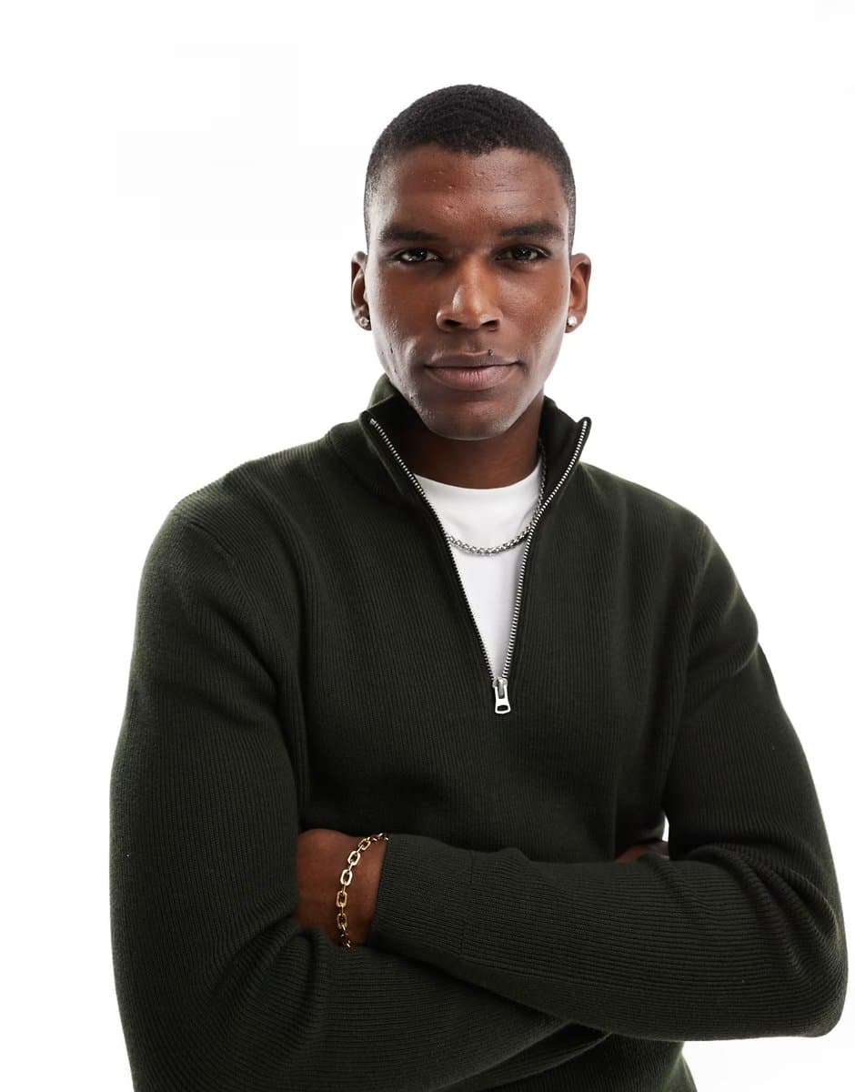 ASOS ONLY & SONS ribbed half zip jumper in dark green