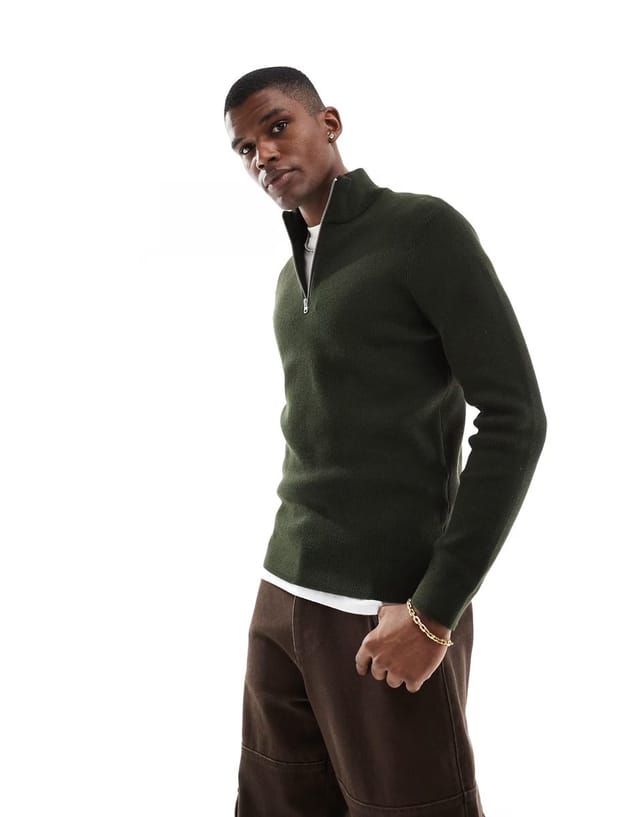 ASOS ONLY & SONS ribbed half zip jumper in dark green - 2
