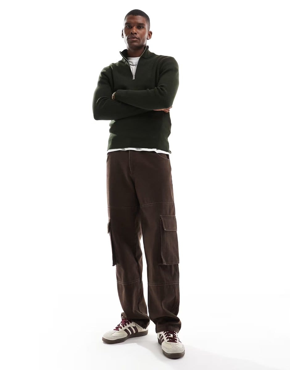 ASOS ONLY & SONS ribbed half zip jumper in dark green - 4