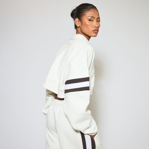 EGO Contrast Stripe Cropped Polo Sweatshirt In Cream, Women's Size UK 6 - 2